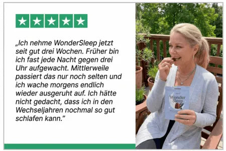 Bewertungen · 2 Karten im Trustpilot-Stil (5 Sterne, Foto). Karte 1 (Frau ~52): „Ich nehme WonderSleep jetzt seit gut drei Wochen. Früher bin ich fast jede Nacht gegen drei Uhr aufgewacht. Mittlerweile passiert das nur noch selten und ich wache morgens endlich wieder ausgeruht auf." | Karte 2 (Frau ~45): „Ich nehme zwei der WonderSleep-Gummis jeden Abend ... Ich schlafe ruhiger und wache morgens wieder ausgeschlafen auf."