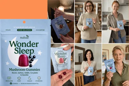 Social Proof · Collage: WonderSleep-Verpackung (Produkt-Render) groß links, daneben mehrere Menschen ab 40, die die Packung halten/lächeln