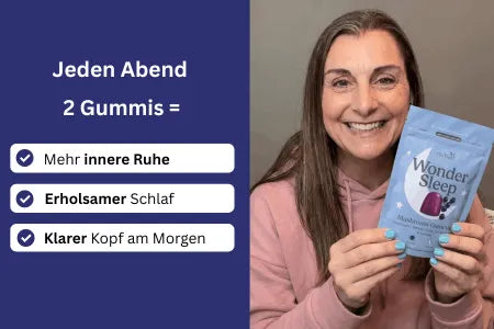 Routine · Grafik „Abendroutine 2× =" + Foto ruhige Person. Häkchen: Leichter zur Ruhe / Seltener nächtliches Aufwachen / Erholter Morgen
