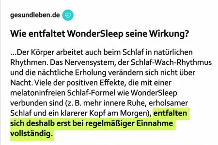 Blogpost „wie es wirkt" (Screenshot-Stil). Quelle: schlafwissen.de · Titel: „WonderSleep – wie entfaltet sich die Wirkung?" · [Highlight:] zeigen sich erst nach mehreren Wochen regelmäßiger Einnahme vollständig.